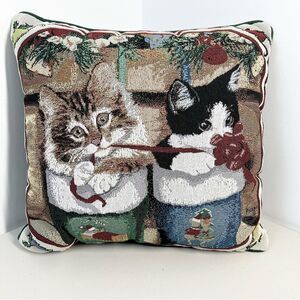 Picken Christmas Stocking Cat Kittens Tapestry Decorative Accent Pillow